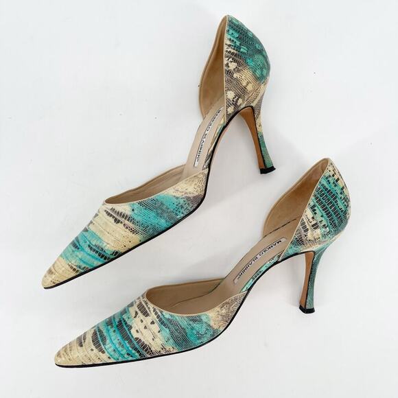 Manolo Balhnik Retro Turquoise Teju Lizard Pointed Toe D'Orsay Heel IT 39.5 - Picture 5 of 12